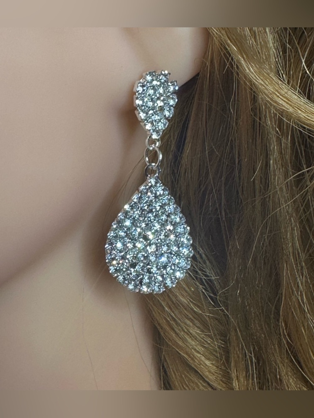 Rhinestone Teardrop Dangle Earrings Silver Tone | Bridal Wedding Glam